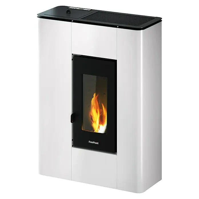 FreePoint Pelletofen Atrium - 5,2 kW, Raumheizvermögen: 60 m³ - 125 m³, 0,57 kg/h - 1,24 kg/h, Weiß - Elegantes, weißes FreePoint-Pelletofen-Design mit schwarzer Tür und realistischen Flammen, das Wärme und Stil in jeden Raum bringt.