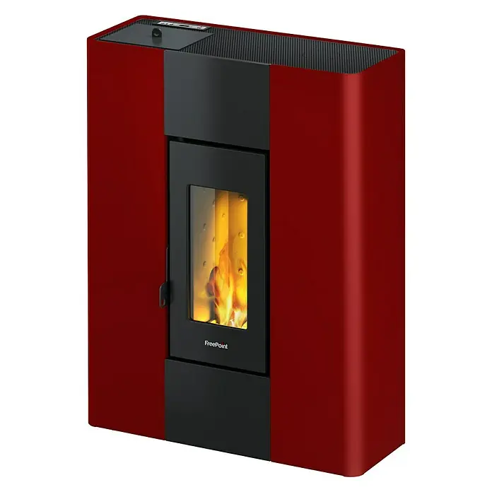 FreePoint Pelletofen Roxy - 7,8 kW, Raumheizvermögen: 65 m³ - 168 m³, 0,6 kg/h - 1,7 kg/h, Farbe Verkleidung: Bordeauxrot, Ohne Standfuß - Roter FreePoint Pelletofen mit schwarzem Einsatz und sichtbarem Flammenspiel für gemütliche Wärme.