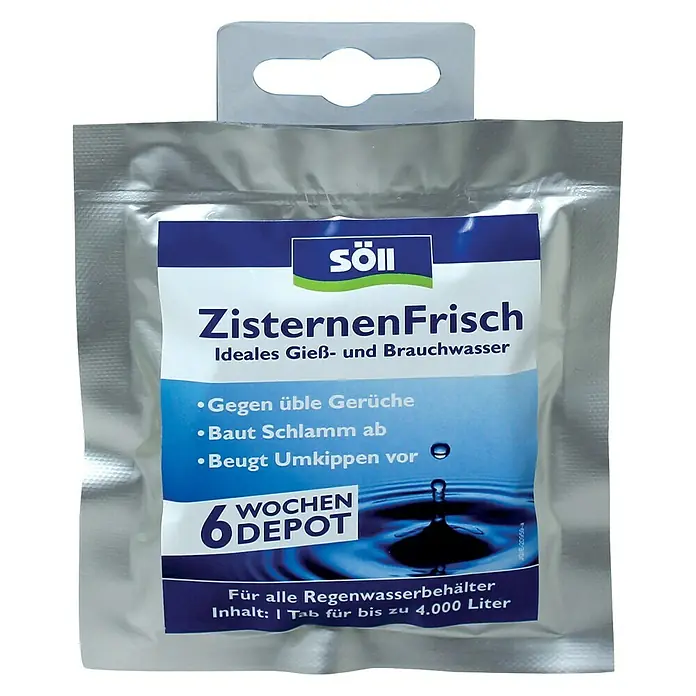 Söll Reinigungstabs ZisternenFrisch - 1 Stk. - Abbildung einer Packung Söll ZisternenFrisch für sauberes Gieß- und Brauchwasser, die bis zu 6 Wochen Depotwirkung hat.