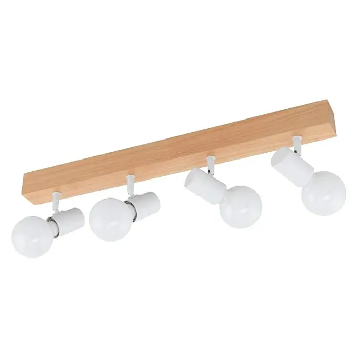 Eglo Townshend 3 Regleta - L x An x Al: 63 x 5 x 5 cm, 240 W, E27 - Lámpara de techo de cuatro luces con base de madera y pantallas blancas, que ofrece un diseño moderno y elegante.