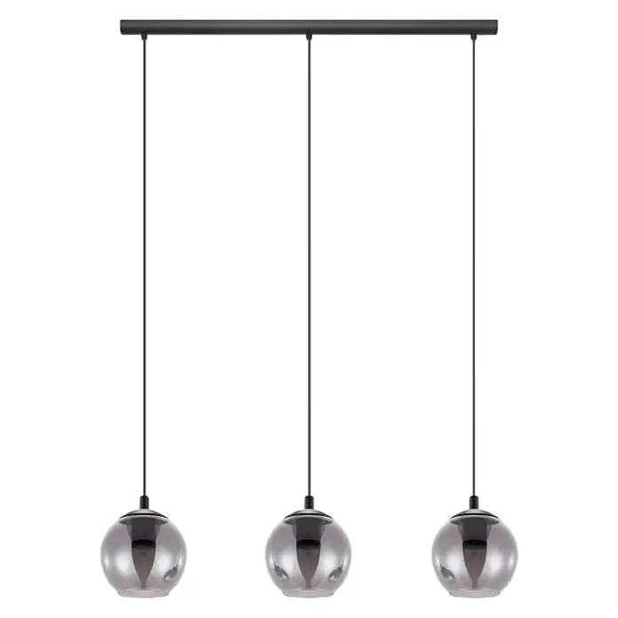 Eglo Pendelleuchte Ariscani - L x B x H: 76,5 x 16,5 x 110 cm, Rauchschwarz, Schwarz, E27 - Dreifache Pendelleuchte mit grauen Glasschirmen an einer schwarzen Stange, ideal für modernes Küchendesign oder Esszimmer.