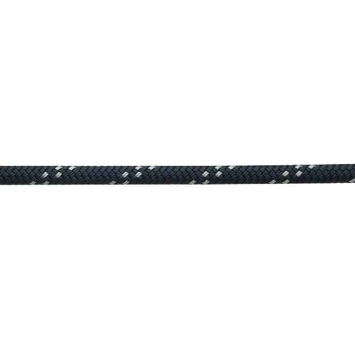 Robline Schot Meterware Globe 5000 MK2 - Durchmesser: 8 mm, Navy-Blau/Silber, Polyester - Detailaufnahme eines robusten Seils mit einem Muster aus dunklen und hellen Fasern. Ideal für den Einsatz im Freien oder bei maritimen Anwendungen.