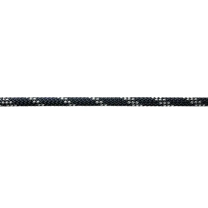 Robline Schot Meterware Globe 5000 MK2 - Durchmesser: 8 mm, Navy-Blau/Silber, Polyester - Nahaufnahme eines robusten, schwarz-silbernen Kletterseils. Ideal für Bergsteiger und Kletterer, die Wert auf Sicherheit legen.