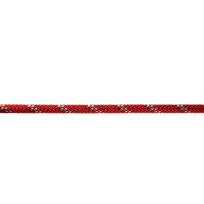 Robline Schot Meterware Globe 5000 MK2 - Durchmesser: 10 mm, Rot/Silber, Polyester - Nahaufnahme eines roten Seils mit kleinen silbernen Akzenten, ideal für Bergsteiger und Abenteurer. Es verspricht hohe Festigkeit und Sicherheit.
