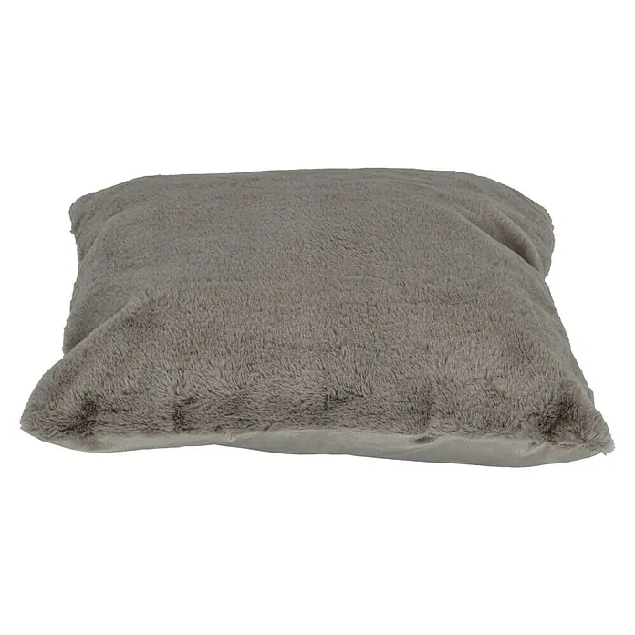 Kissen Happy - Taupe, 48 x 48 cm, 100 % Polyester - Nahaufnahme eines grauen, weichen Kissens mit flauschigem Bezug, das zum Entspannen und Wohlfühlen einlädt.
