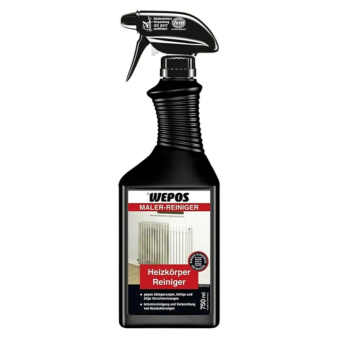 Wepos Maler-Reiniger Heizkörper-Reiniger - 750 ml, Sprühflasche - Das Bild zeigt eine 750ml-Flasche WEPOs Maler-Reiniger, speziell für Heizkörper, mit Hinweisen zur Entfernung von Ablagerungen.