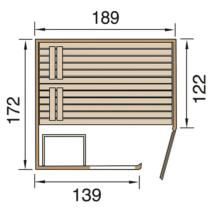 Finnwood Massivholzsauna Lasse 3 - Elektroofen, Steuerung Ofen: Extern, L x B x H: 172 x 189 x 203 cm - Ansicht des Grundrisses einer Sauna mit Maßangaben der Seitenlängen.