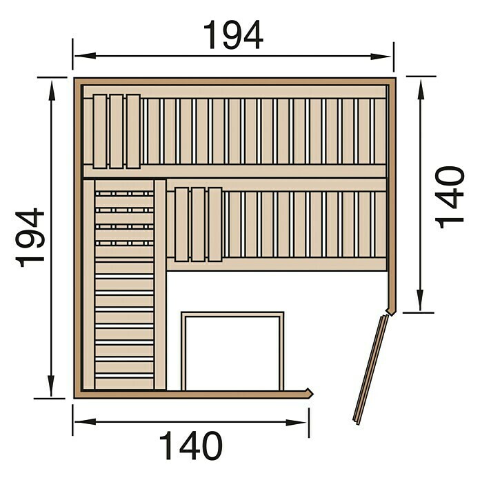 Finnwood Elementsauna Ronja 3Mit 7,5 kW Bio-Ofen mit externer Steuerung, Material Tür: Einscheibensicherheitsglas (ESG), 192 x 192 x 199 cm View From Above