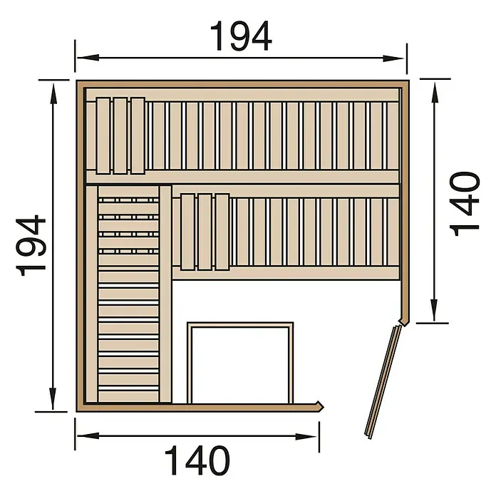 Finnwood Elementsauna Ronja 3 by WEKA - Bioofen, Steuerung Ofen: Extern, L x B x H: 194 x 194 x 199 cm - Abbildung eines Sauna-Grundrisses mit den Maßen 194 x 194 cm und 140 x 140 cm.