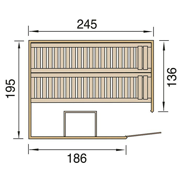 Finnwood Massivholzsauna Bjarne 2Mit 7,5 kW Bio-Ofen mit externer Steuerung, Material Tür: Einscheibensicherheitsglas (ESG), 187 x 237 x 200 cm View From Above