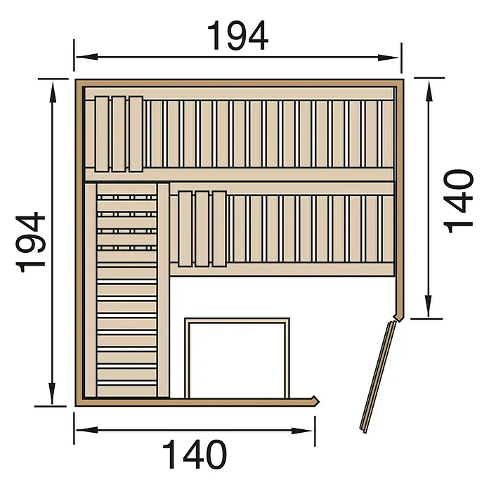 Finnwood Elementsauna Ronja 3 by WEKA - Elektroofen, Steuerung Ofen: Extern, L x B x H: 194 x 194 x 199 cm - Grundriss einer Sauna mit den Maßen 194x194 und 140x140, der die Anordnung von Bänken und Ofen zeigt.