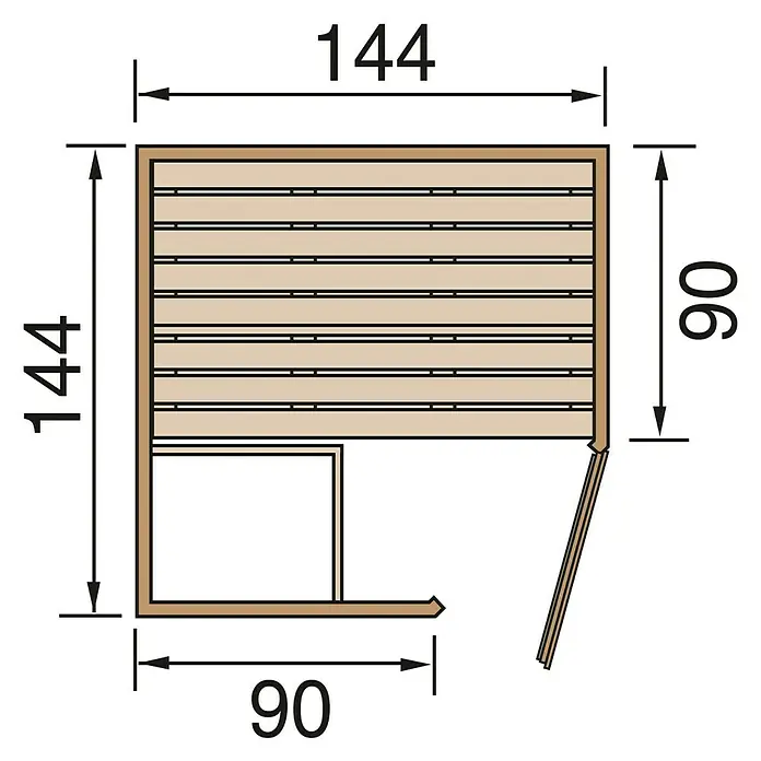 Finnwood Elementsauna Ronja 1 by WEKA - Bioofen, Leistung: 3,6 kW, Steuerung Ofen: Extern, L x B x H: 194 x 194 x 199 cm - Draufsicht eines Sauna-Grundrisses mit Maßangaben. Die Sauna ist 144 cm breit und 144 cm tief, mit einem separaten 90 x 90 cm Bereich.