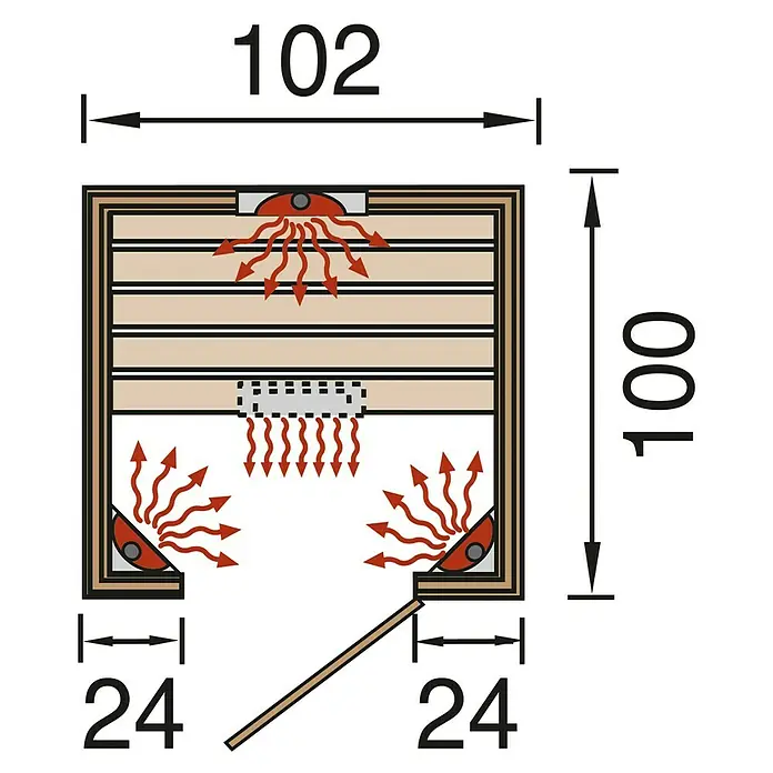 Finnwood Infrarotkabine Svea 1 by WEKA - 1.700 W, 4 Keramikstrahler, 100 x 102 x 196 cm - Draufsicht einer Sauna mit Maßen. Die Sauna hat eine Breite von 102 cm und eine Tiefe von 100 cm und ist mit Wärmequellen ausgestattet.