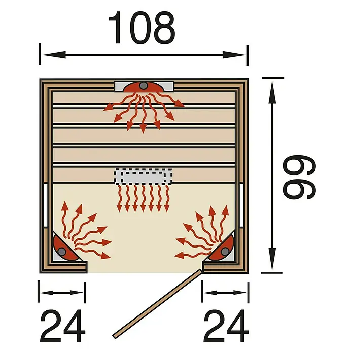 Finnwood Infrarotkabine Svea Trend 1 by WEKA - 1.700 W, 4 Keramikstrahler, 99 x 108 x 190 cm - Grundriss einer Infrarotsauna mit Maßen. Perfekt zum Entspannen und für die Gesundheit, ausgestattet mit Infrarotstrahlern.