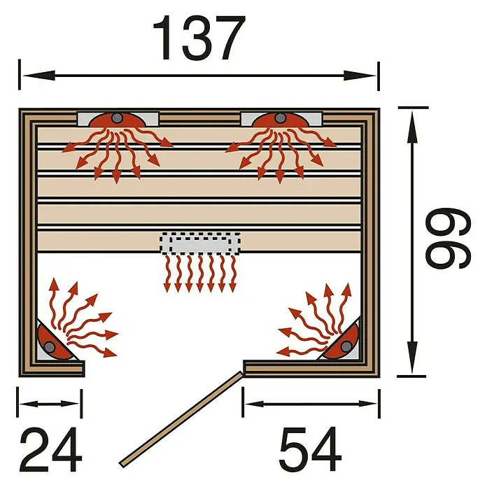 Finnwood Infrarotkabine Svea Trend 2 - 2.050 W, 5 Keramikstrahler, 99 x 137 x 190 cm - Draufsicht einer Sauna mit Maßangaben. Die Sauna hat eine Breite von 137 cm und eine Tiefe von 66 cm.