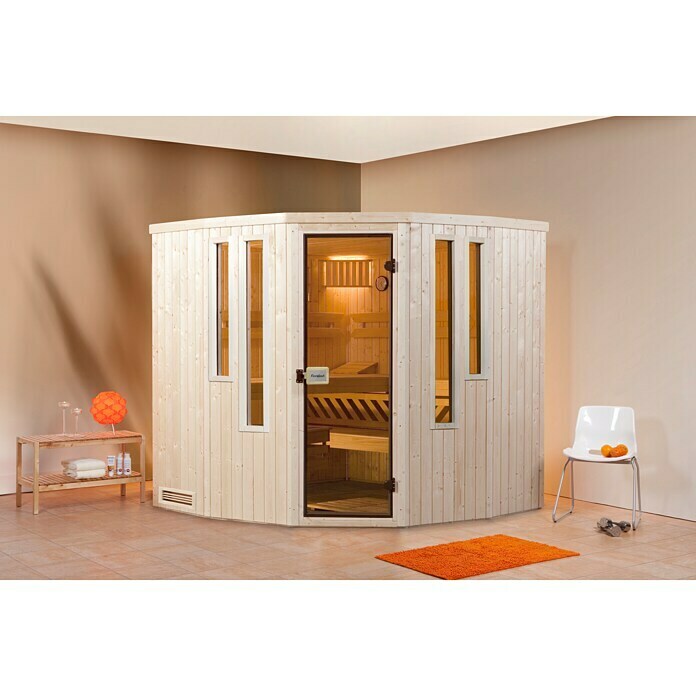 Finnwood Elementsauna Thea 1Mit 9 kW Saunaofen mit integrierter Steuerung, Material Tür: Einscheibensicherheitsglas (ESG), 192 x 192 x 199 cm Mood Shot