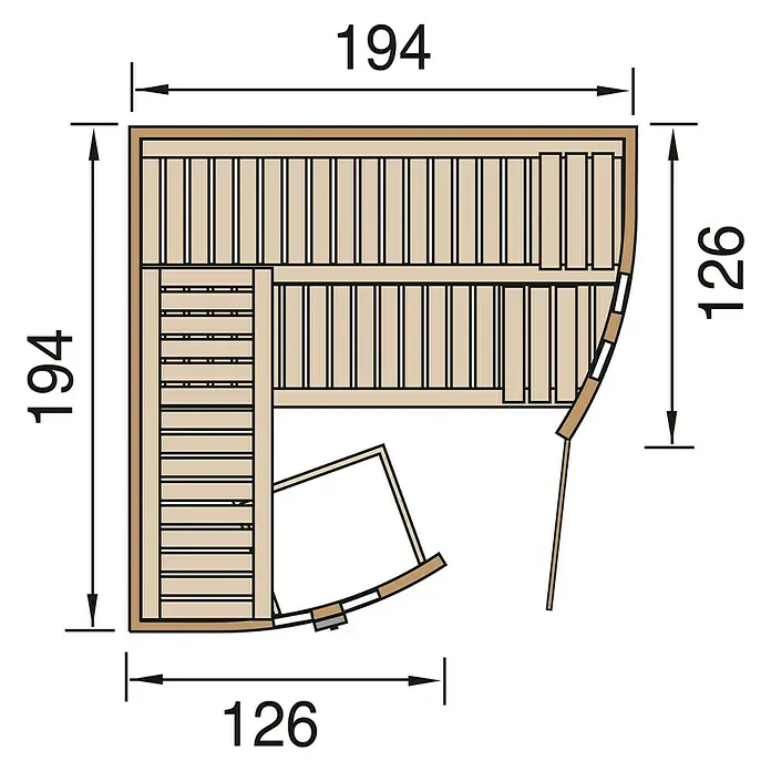 Finnwood Elementsauna Thea 1 by WEKA - Elektroofen, Steuerung Ofen: Integriert, L x B x H: 194 x 194 x 199 cm - Draufsicht eines Saunaplans mit Maßangaben. Die Abmessungen sind 194 x 194 cm und 126 x 126 cm.