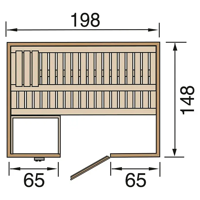 Finnwood Massivholzsauna Bjoern Trend 1 - Elektroofen, Steuerung Ofen: Integriert, L x B x H: 148 x 198 x 203 cm - Draufsicht einer Sauna mit Maßen. Ideal für die Planung Ihres Wellnessbereichs.
