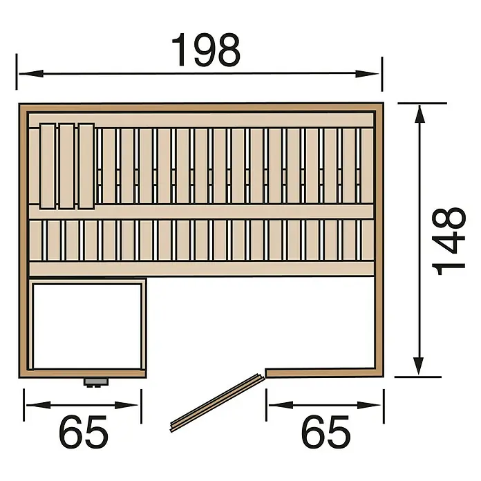 Finnwood Massivholzsauna Bjoern Trend 1 - Bioofen, Steuerung Ofen: Extern, L x B x H: 148 x 198 x 203 cm - Grundriss einer Sauna mit Maßen. Die Sauna hat eine Bank und eine Tür.