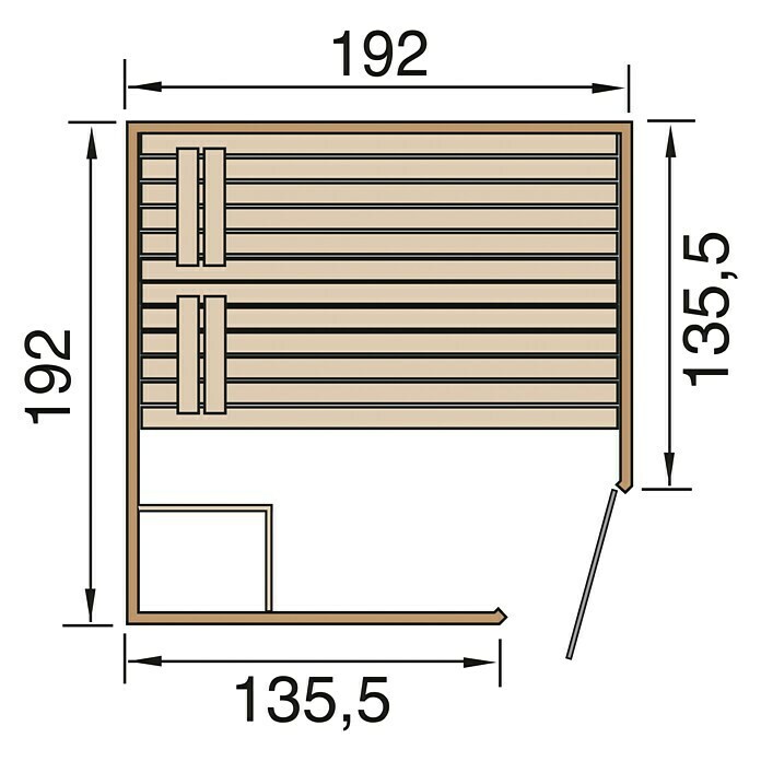 Finnwood Massivholzsauna Bjarne 1Mit 9 kW Saunaofen mit integrierter Steuerung, Material Tür: Einscheibensicherheitsglas (ESG), 187 x 187 x 200 cm View From Above