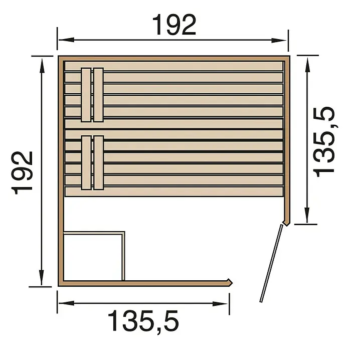 Finnwood Massivholzsauna Bjarne 1 by WEKA - Mit 7,5 kW Ofen mit integrierter Steuerung, L x B x H: 194 x 194 x 199 cm, 1 Fensterelement - Bilduntersicht einer Sauna mit den Maßen 192 x 192 cm und 135,5 x 135,5 cm, die das Layout und die Größe des Produkts hervorhebt.