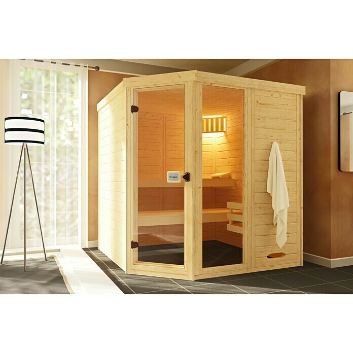 Finnwood Massivholzsauna Bjarne 1Mit 7,5 kW Bio-Ofen mit externer Steuerung, Material Tür: Einscheibensicherheitsglas (ESG), 187 x 187 x 200 cm Mood Shot