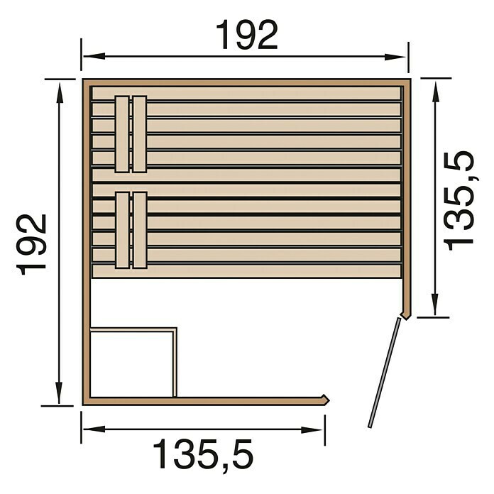 Finnwood Massivholzsauna Bjarne 1Mit 7,5 kW Bio-Ofen mit externer Steuerung, Material Tür: Einscheibensicherheitsglas (ESG), 187 x 187 x 200 cm View From Above