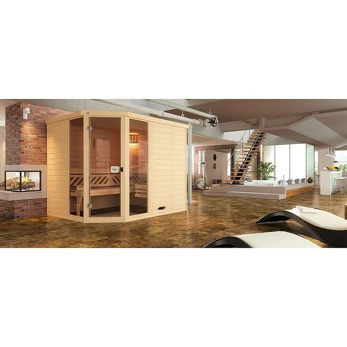 Finnwood Massivholzsauna Bjarne 2 by WEKA - Mit 7,5 kW Ofen mit externer Steuerung, L x B x H: 195 x 245 x 199 cm, 2 Fensterelemente - Elegante Ecksauna mit Glasfront. Die Sauna fügt sich perfekt in das moderne Interieur ein und bietet Entspannung pur.