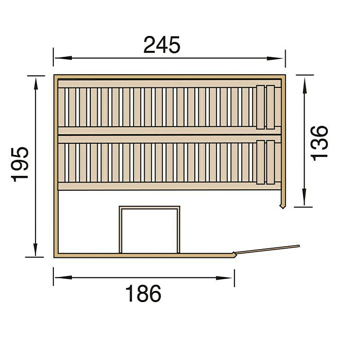 Finnwood Massivholzsauna Bjarne 2Mit 7,5 kW Saunaofen mit externer Steuerung, Material Tür: Einscheibensicherheitsglas (ESG), 187 x 237 x 200 cm View From Above