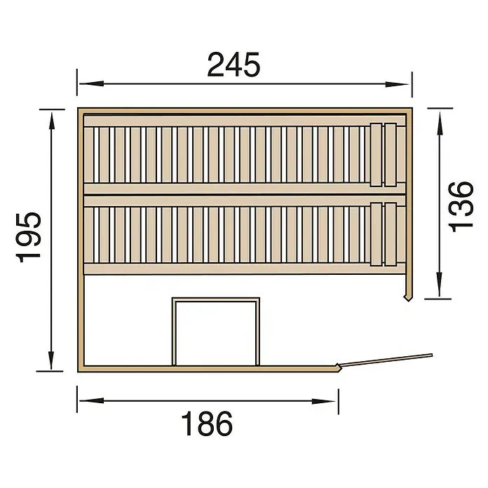 Finnwood Massivholzsauna Bjarne 2 by WEKA - Mit 7,5 kW Ofen mit externer Steuerung, L x B x H: 195 x 245 x 199 cm, 2 Fensterelemente - Grundriss einer Sauna mit Maßangaben. Die Sauna ist 245 cm breit und 195 cm tief, mit Bänken und einer Tür.