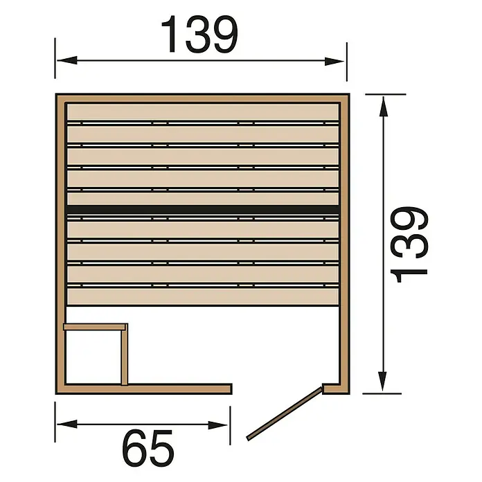 Finnwood Massivholzsauna Lasse 1 - Bioofen, Steuerung Ofen: Extern, L x B x H: 139 x 139 x 203 cm - Abbildung einer Sauna mit den Maßen 139 x 139 x 65 cm, die die Abmessungen und das Design des Produkts hervorhebt.