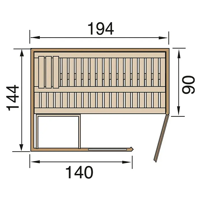 Finnwood Elementsauna Ronja 2 by WEKA - Elektroofen, Leistung: 7,5 kW, Steuerung Ofen: Extern, L x B x H: 144 x 194 x 199 cm - Bild einer schematischen Zeichnung einer Sauna mit den Maßen 194 x 144 x 90 cm. Die Skizze zeigt eine Ecksauna mit Tür.