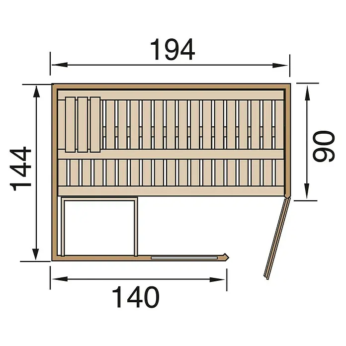 Finnwood Elementsauna Ronja 2 by WEKA - Bioofen, Leistung: 7,5 kW, Steuerung Ofen: Extern, L x B x H: 144 x 194 x 199 cm - Skizze einer Sauna mit Maßangaben zu Länge, Breite und Höhe. Die Skizze zeigt das Design und die Abmessungen der Sauna.