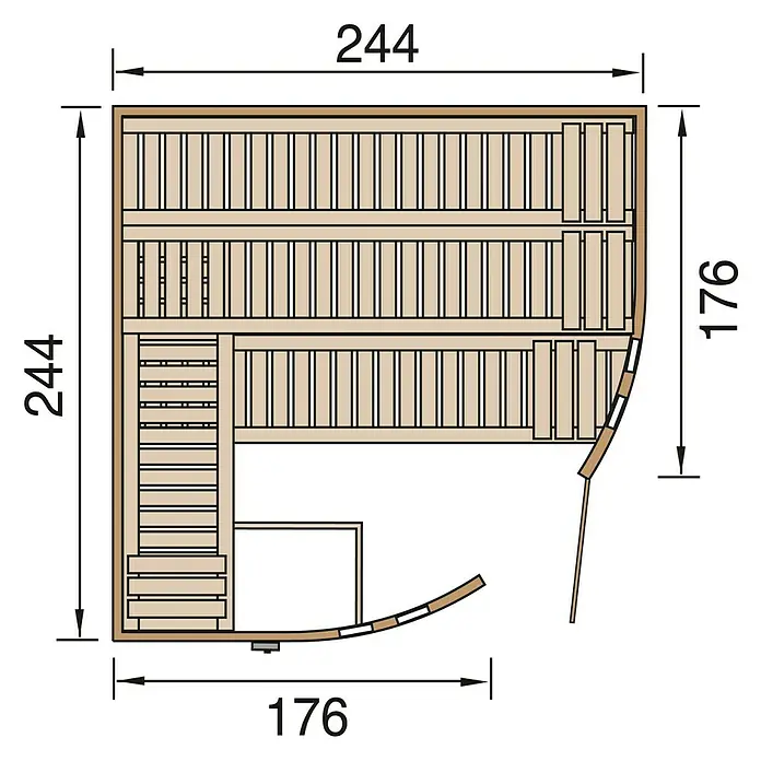 Finnwood Elementsauna Thea 2 by WEKA - Bioofen, Steuerung Ofen: Extern, L x B x H: 244 x 244 x 203 cm - Draufsicht eines Saunaplans mit Maßen von 244 x 244 cm und 176 x 176 cm, die die Raumaufteilung und Abmessungen zeigen.