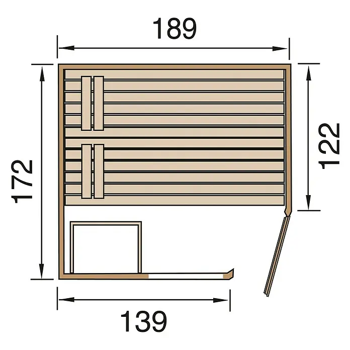 Finnwood Massivholzsauna Lasse 3 - Elektroofen, Steuerung Ofen: Integriert, L x B x H: 172 x 189 x 203 cm - Grundriss einer Sauna mit Maßen für Länge, Breite und Höhe. Die Sauna hat zwei Bänke und eine Tür.