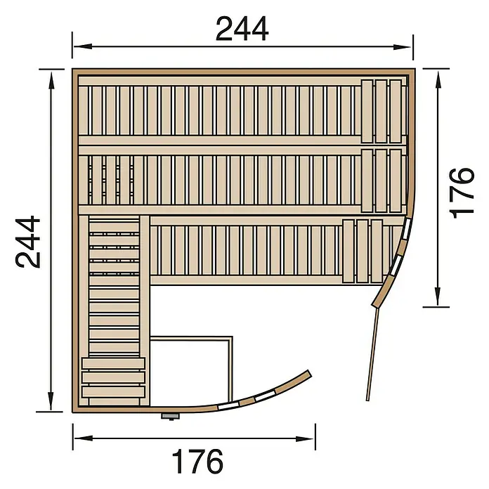Finnwood Elementsauna Thea 2 by WEKA - Elektroofen, Steuerung Ofen: Extern, L x B x H: 244 x 244 x 203 cm - Grundriss einer rechteckigen Sauna mit den Maßen 244 x 244 cm und 176 x 176 cm.