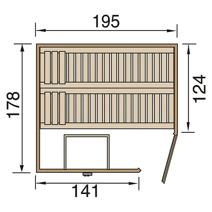 Finnwood Massivholzsauna Bjoern Trend 2 - Elektroofen, Steuerung Ofen: Integriert, L x B x H: 178 x 195 x 203 cm - Draufsicht eines rechteckigen Saunaplans mit Bänken, Ofen und den Maßen 195 x 178 cm, 124 cm und 141 cm.