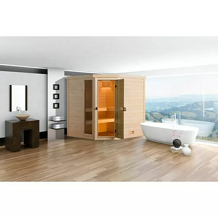 Finnwood Massivholzsauna Bjoern Trend 2 - Elektroofen, Steuerung Ofen: Extern, L x B x H: 178 x 195 x 203 cm - Stimmungsaufnahme