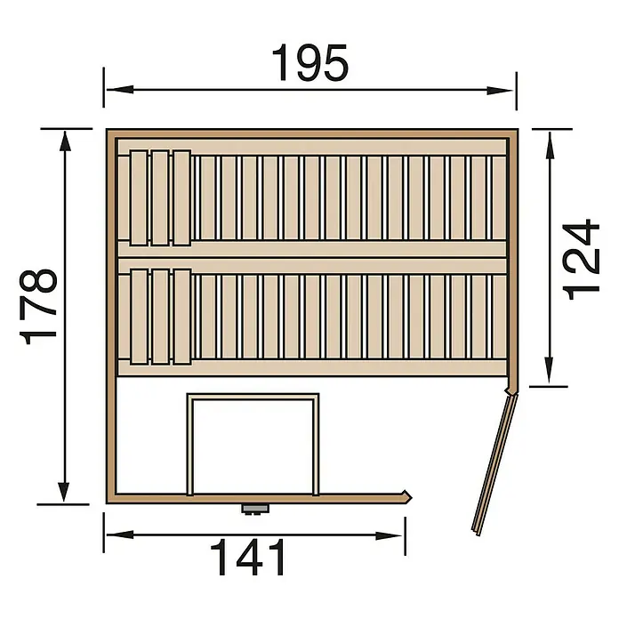 Finnwood Massivholzsauna Bjoern Trend 2 - Bioofen, Steuerung Ofen: Extern, L x B x H: 178 x 195 x 203 cm - Grundriss einer Sauna mit Maßen. Übersichtliche Darstellung des Innenraums mit Bänken und Tür.