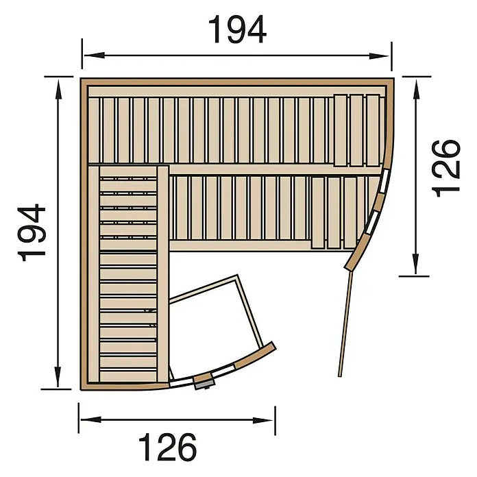 Finnwood Elementsauna Thea 1 by WEKA - Bioofen, Steuerung Ofen: Extern, L x B x H: 194 x 194 x 199 cm - Grundriss einer Sauna mit den Maßen 194 x 194 cm und 126 x 126 cm. Detailreiche Darstellung der Inneneinrichtung.