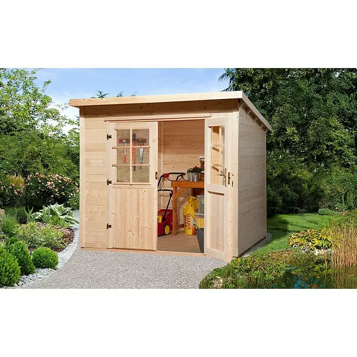 Finnwood Gartenhaus Jesper 1 by WEKA - Außenmaß inkl. Dachüberstand (B x T): 280 x 280 cm, Holz, Natur, 4,91 m² - Geräumiges Gartenhaus aus Holz mit Doppeltür und Fenstern, ideal zur Aufbewahrung von Gartengeräten und -möbeln.