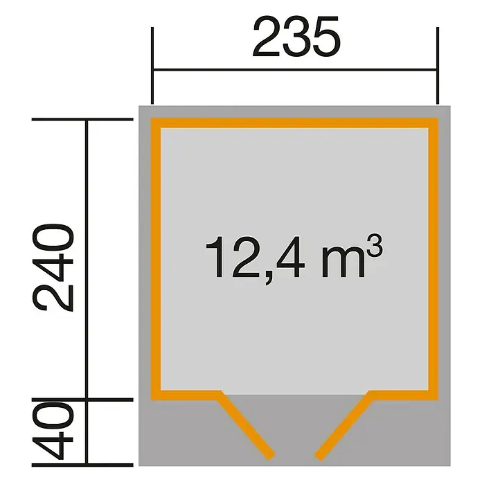 Finnwood Gartenhaus Jesper 2 by WEKA - Außenmaß inkl. Dachüberstand (B x T): 280 x 290 cm, Holz, Natur, 5,61 m² - Bild einer schematischen Zeichnung eines Gartenhauses mit den Maßen 235 x 240 cm und einem Volumen von 12,4 m³.