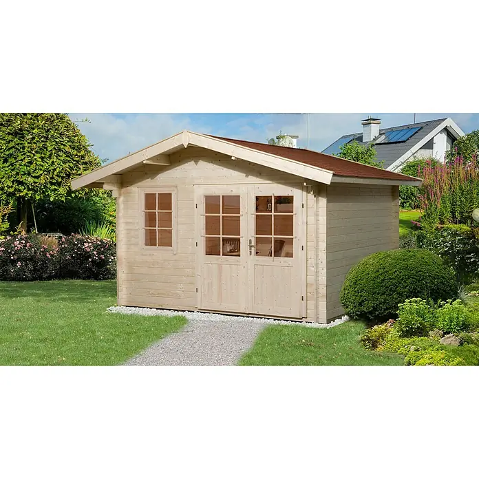 Finnwood Gartenhaus Jona 1 by WEKA - Außenmaß inkl. Dachüberstand (B x T): 420 x 324 cm, Holz, Natur - Geräumiges Gartenhaus aus Holz mit Doppeltür und Fenstern, ideal für die Aufbewahrung von Gartengeräten und Möbeln.