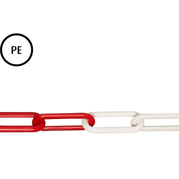 Stabilit Absperrkette Meterware - 6 mm, Kunststoff, Rot/Weiß - Nahaufnahme einer rot-weißen Kunststoffkette mit "PE"-Aufdruck auf schwarzem Hintergrund.