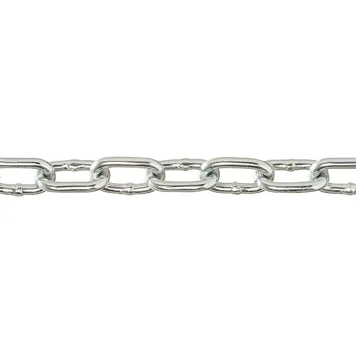 Stabilit Rundstahlkette Meterware - 3 mm, Stahl, Galvanisch verzinkt, A-Form - Nahaufnahme einer robusten silbernen Kette auf schwarzem Hintergrund, ideal für Sicherheitsanwendungen.