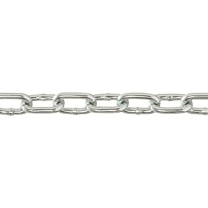 Stabilit Rundstahlkette Meterware - 2 mm, Stahl, Galvanisch verzinkt, A-Form - Nahaufnahme einer robusten, silberfarbenen Kette, die Stärke und Sicherheit durch ihre verbundenen Glieder vermittelt.