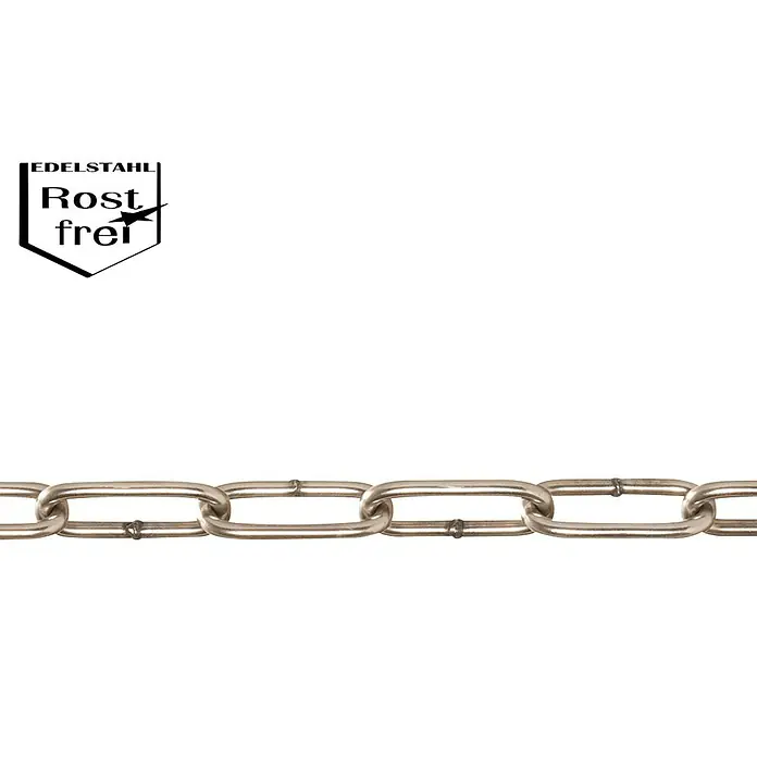 Stabilit Rundstahlkette Meterware - 3 mm, Edelstahl - Edelstahldraufsicht einer Kette mit rechteckigen Gliedern und dem Etikett „Rostfrei“, das die Korrosionsbeständigkeit des Produkts hervorhebt.