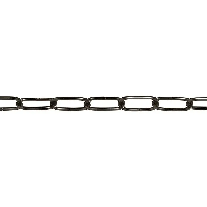 Stabilit Ringkette Meterware - Durchmesser: 3 mm, Schwarz - Nahaufnahme einer metallischen Kette mit rechteckigen Gliedern vor schwarzem Hintergrund.