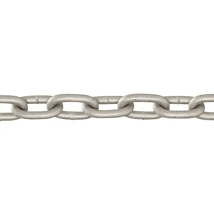 Stabilit Rundstahlkette Meterware - Durchmesser: 6 mm, Stahl, Feuerverzinkt, Form Glieder: Kurzgliedrig - Nahaufnahme einer silbernen Metallkette, die Stärke und Verbindung symbolisiert. Das robuste Design eignet sich für verschiedene Anwendungen.
