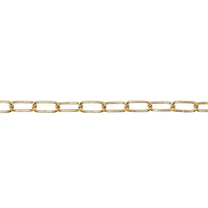 Zierkette Meterware - Durchmesser: 2,2 mm, Stahl, Gold - Nahaufnahme einer goldenen Kette mit länglichen Gliedern auf schwarzem Hintergrund.